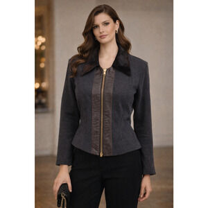 VTG 80s John Murrough Cropped Jacket Leather Trim & Elbow Patches Tailored Fit M